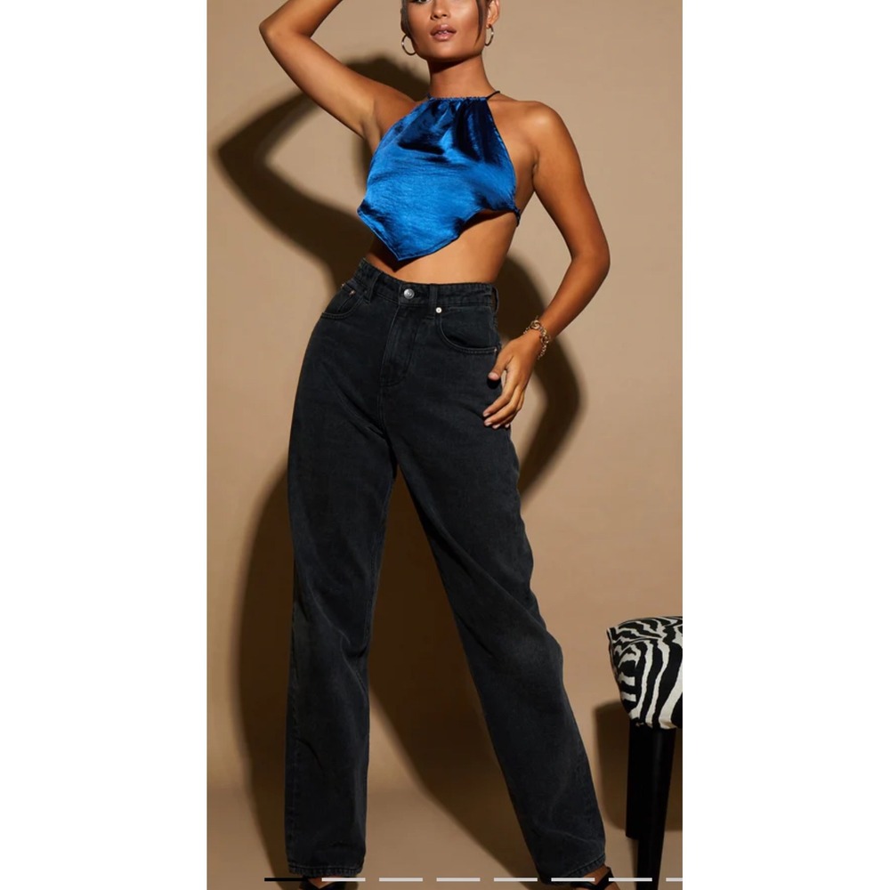Motel Rocks Spence‎ Top Satin Midnight Blue Halter Handkerchief Crop Top Mens M